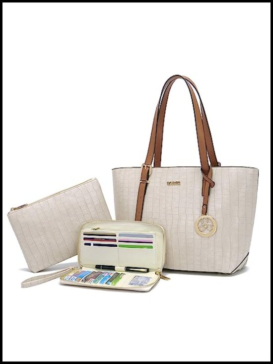 Handbags - Women's Tote Satchel Handbag Set with Matching Wallet Faux Leather Gold